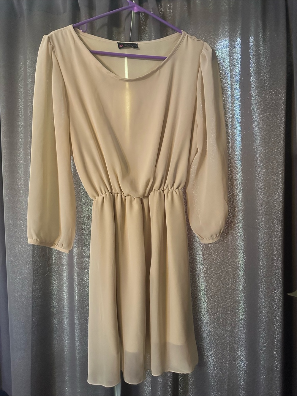 Soft Cream Long-Sleeve Chiffon Dress with Gathered Waist